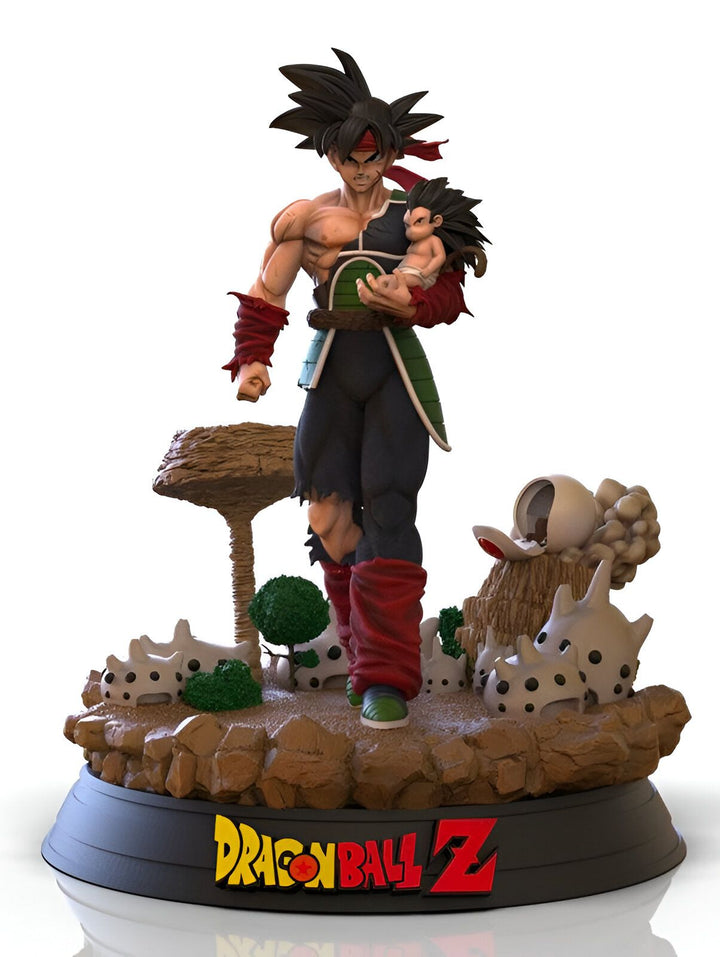 Une figurine de Bardock, un personnage de Dragon Ball Z, portant son fils Goku dans ses bras. La figurine est en résine et mesure environ 30 cm de haut. Elle est peinte à la main et très détaillée.,FI-6376680321