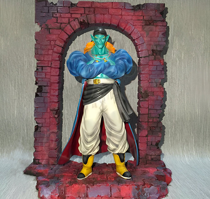 Une image d'un personnage de dessin animé aux cheveux verts et à la peau bleue, vêtu d'un costume blanc et bleu avec une cape rouge. Il se tient dans un cadre de briques rouges.,FI-3397824699