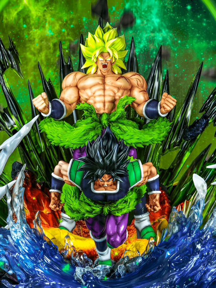 Une image de Broly, un personnage de Dragon Ball Z, en train de se battre contre son père, Paragus. Broly est un Saiyan légendaire, et il est très puissant. Il a une chevelure verte et des yeux bleus. Il est vêtu d'une armure verte et violette. Paragus est un Saiyan, et il est le père de Broly. Il a une chevelure noire et des yeux bleus. Il est vêtu d'une armure violette et noire.,FI-0700997393