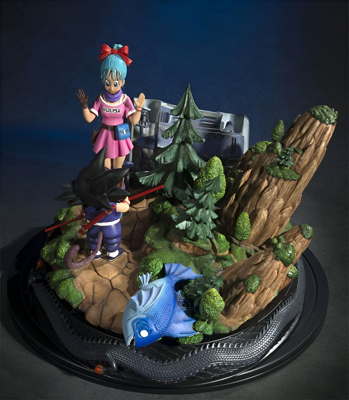 Une image de Bulma et Goku, deux personnages de la série Dragon Ball Z. Bulma est une jeune femme aux cheveux bleus et Goku est un jeune garçon aux cheveux noirs. Ils sont tous les deux en train de regarder un poisson qui est en train de nager dans une rivière.,FI-149907462X