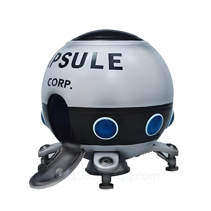 Une image d'une capsule spatiale futuriste avec le texte "Capsule Corp." sur le côté. La capsule est grise et noire avec des hublots bleus.,FI-3934148603