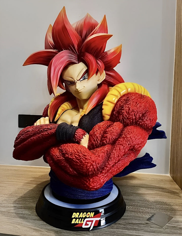 Une figurine en résine à l'échelle 1/1 du personnage de Son Goku dans sa forme Super Saiyan 4. La figurine est très détaillée et mesure environ 30 cm de haut. Elle est posée sur un socle noir et est accompagnée d'un certificat d'authenticité.,FI-6774076270