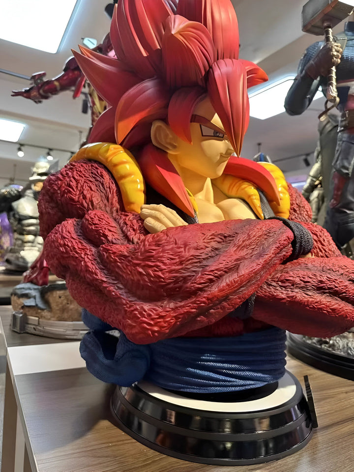 Une statue en résine de Goku, un personnage de la série animée Dragon Ball Z. Il est représenté avec ses cheveux rouges et sa fourrure rouge, et porte une ceinture bleue. La statue est posée sur un socle noir.,FI-6774076270