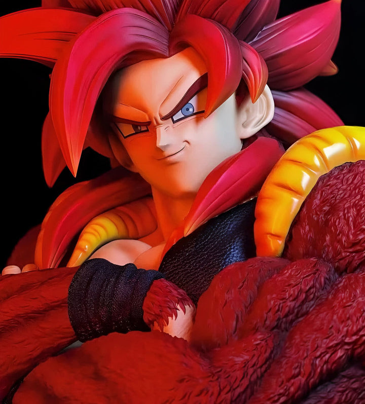 Une image de Son Goku, un personnage de la série Dragon Ball Z. Il est représenté avec les cheveux rouges et les yeux bleus, et porte une combinaison bleue et orange. Il est en position de combat, avec les poings serrés et les muscles tendus. En arrière plan, on peut apercevoir des montagnes et des arbres.,FI-6774076270