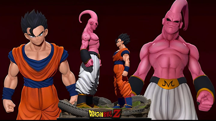 Une image de Son Goku, un personnage de Dragon Ball Z. Il est debout, vêtu de son costume orange et bleu, et regarde vers la droite. A côté de lui se trouve Majin Buu, un autre personnage de Dragon Ball Z. Il est grand et rose, et porte un pantalon blanc.,FI-297048451X