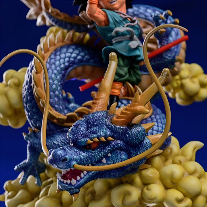 Une image de Son Goku, un personnage de Dragon Ball Z, chevauchant un dragon bleu.,FI-7985922997