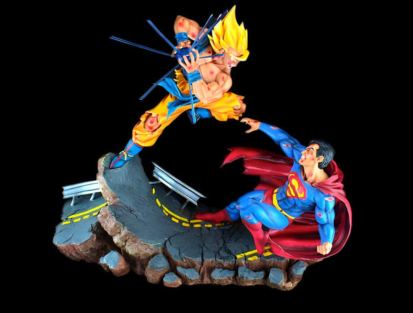 Une image de Son Goku et Superman en train de se battre. Son Goku est un personnage de la série Dragon Ball Z et Superman est un personnage de la série Superman.,FI-4675719953