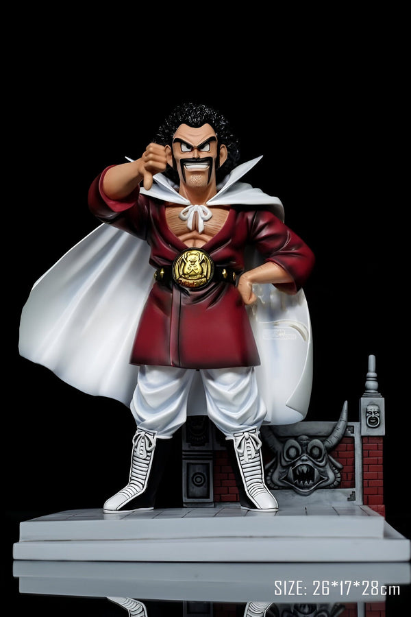 Une figurine de Mr. Satan, un personnage de Dragon Ball Z. Il est vêtu d'un costume rouge et blanc et porte une cape blanche. Il a les cheveux noirs et une moustache. Il est debout sur un socle et fait un signe de pouce vers le bas.,FI-0420396594