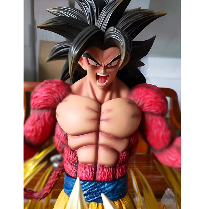 Une image de Son Goku, un personnage de la série animée Dragon Ball Z. Il est représenté avec les cheveux noirs et rouges, les yeux bleus et la peau bronzée. Il porte un pantalon bleu et une chemise orange déchirée, et il est entouré d'une aura dorée.,FI-3683245271