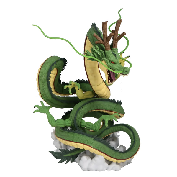 Une figurine de Shenron, le dragon sacré de la série Dragon Ball Z. Il est vert avec des écailles jaunes et des ailes vertes. Il est enroulé sur lui-même et a la gueule ouverte. Il est perché sur un nuage blanc.,FI-6142647859