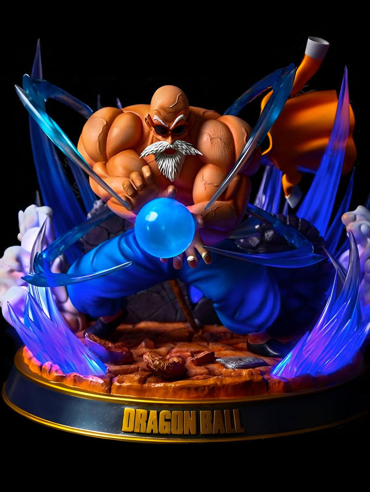 Une figurine de collection de Master Roshi, un personnage de Dragon Ball Z. Il est représenté en train de charger une boule d'énergie bleue. La figurine est en résine et mesure environ 30 cm de haut. Elle est éclairée par des LED bleues qui lui donnent un aspect saisissant.,FI-9218986546