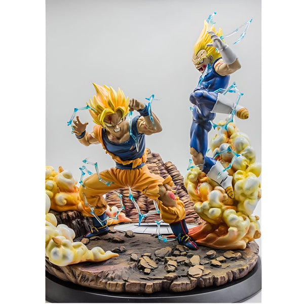 Une image de Goku et Vegeta, deux personnages de la série animée Dragon Ball Z. Goku est un Saiyan, une race extraterrestre guerrière, et Vegeta est le prince des Saiyans. Les deux personnages sont représentés en train de se battre, et ils sont tous deux entourés d'énergie.,FI-5872301308