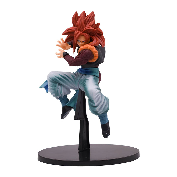 Une figurine de Gogeta, un personnage de Dragon Ball Z, est en train de se battre. Il est vêtu d'un gilet marron et d'un pantalon bleu. Il a les cheveux rouges et les yeux bleus. Il est en train de voler et il est entouré d'un aura bleue.,FI-2941986081