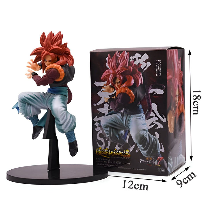 Une figurine de Gogeta, un personnage de Dragon Ball Z, dans sa forme Super Saiyan 4. Il est représenté en train de se battre, avec ses cheveux rouges hérissés et sa combinaison bleue et orange. La figurine est posée sur un socle noir.,FI-2941986081