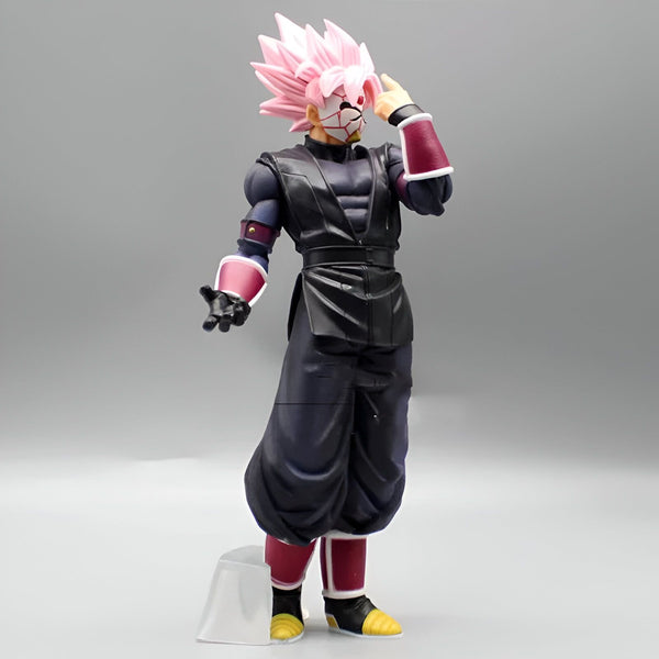 Une figurine de collection de Goku Black, un personnage de la série animée Dragon Ball Super. Il est vêtu d'une combinaison noire et rose et porte un masque.,FI-2729387153
