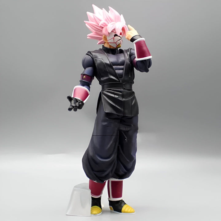 Une figurine de collection de Goku Black, un personnage de la série animée Dragon Ball Super. Il est vêtu d'une combinaison noire et rose et porte un masque.,FI-2729387153