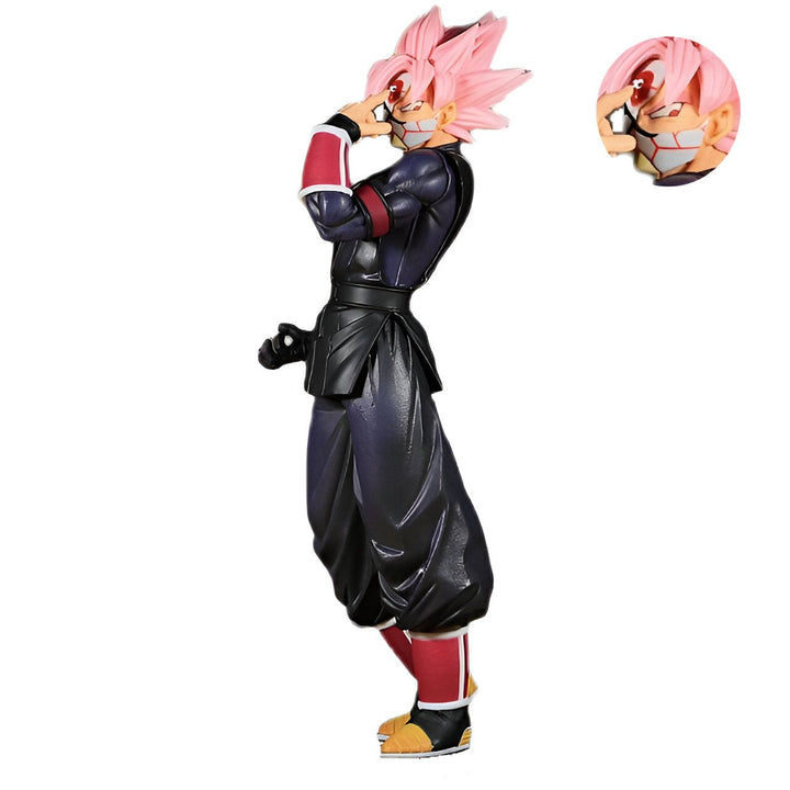 Une figurine de Son Goku, un personnage de Dragon Ball Super, portant une combinaison noire et rose avec un masque sur le visage. Il est en train de se mettre en position de combat.,FI-2729387153