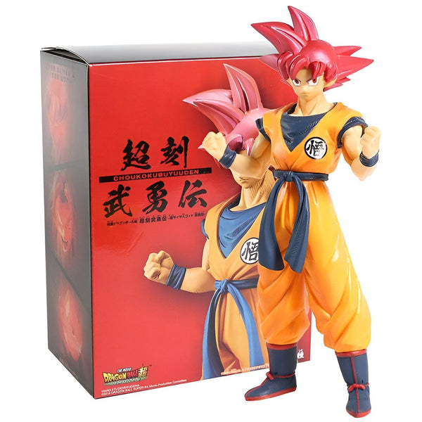 Une figurine de Son Goku, un personnage de la série Dragon Ball Z. Il est représenté avec les cheveux rouges et porte une combinaison orange et bleue. Il est en position de combat.,FI-9849158328