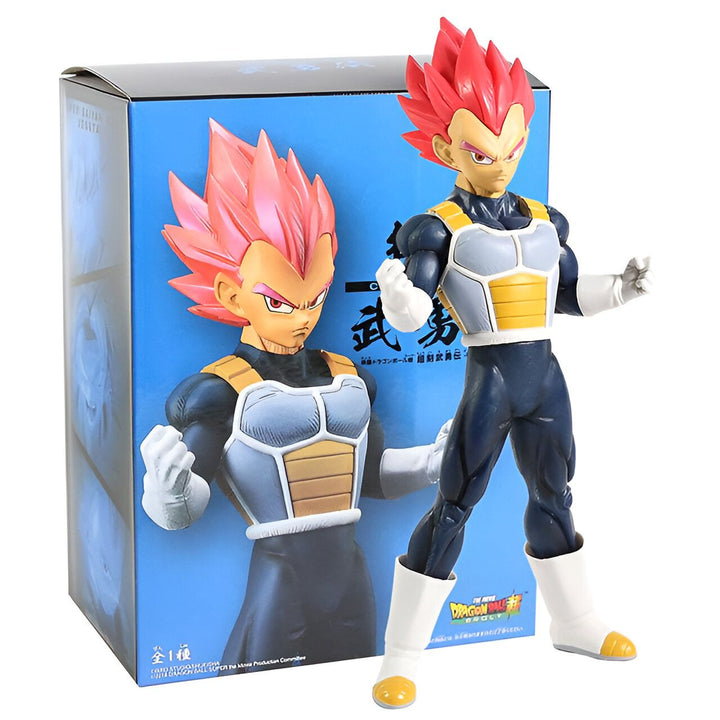 Une figurine de Vegeta, un personnage de la série Dragon Ball Z. Il est vêtu d'une combinaison bleue et jaune et a les cheveux roses. Il est en position de combat.,FI-2885430907