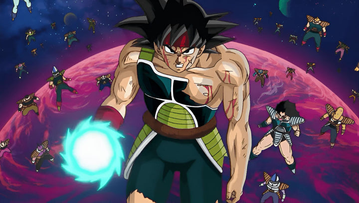 L'image représente un personnage de dessin animé, Bardock, qui est un Saiyan. Il est entouré d'autres Saiyans et il est en train de se battre contre eux. Il a une boule d'énergie dans sa main droite.,FI-3188719108