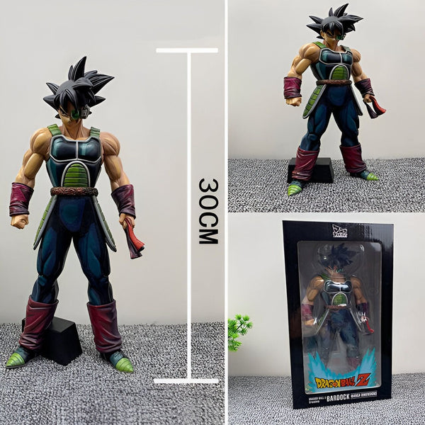 Une figurine de Bardock, un personnage de Dragon Ball Z. Il est vêtu d'une armure bleue et verte et a les cheveux noirs. Il est représenté en position de combat, le poing droit en avant et la jambe gauche en arrière. La figurine est en PVC et mesure 30 cm de haut. Elle est vendue dans une boîte en carton avec une fenêtre transparente.,FI-4410696939