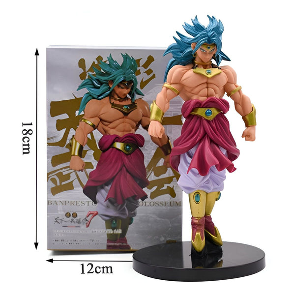 Une figurine de Broly, un personnage de Dragon Ball Z. Il est représenté avec les cheveux bleus et les yeux bleus. Il porte une tenue rouge et jaune. Il est en position de combat.,FI-6407760348