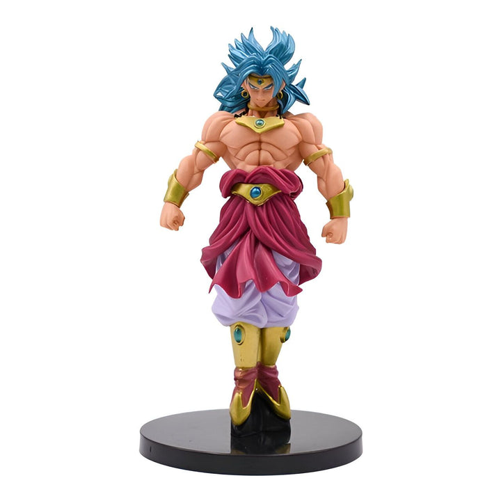 Une figurine de Broly, un personnage de Dragon Ball Z. Il est représenté avec les cheveux bleus et les yeux bleus, et porte une tenue violette et dorée. Il est en position de combat, avec un poing en avant et l'autre poing replié près de son corps.,FI-6407760348