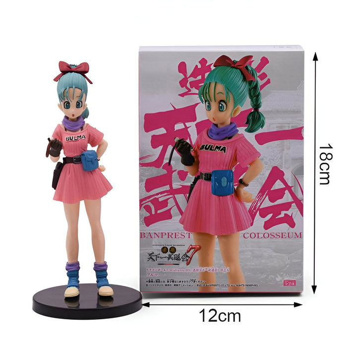 Une figurine de Bulma de la série Dragon Ball Z. Elle est représentée avec ses cheveux verts et sa tenue rose. La figurine est d'environ 12 cm de haut et est fabriquée en PVC.,FI-7078514106