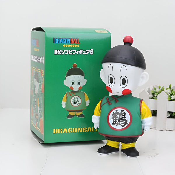 Une figurine de collection de Chiaotzu, un personnage de la série Dragon Ball Z. Il est représenté avec sa tenue verte et son chapeau noir. La figurine est dans une boîte transparente.,FI-4778130383