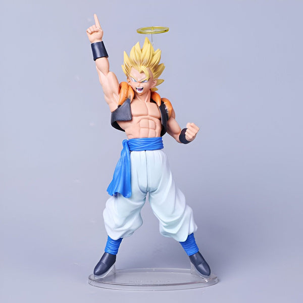 Une figurine de Gotenks, un personnage de Dragon Ball Z, dans une position dynamique, avec un doigt pointé vers le haut et un sourire narquois. Il porte un gilet noir et un pantalon blanc, avec une ceinture bleue et des bottes noires. Il a les cheveux blonds et les yeux bleus, et est entouré d'un halo doré. La figurine est posée sur un socle transparent.,FI-5224029368