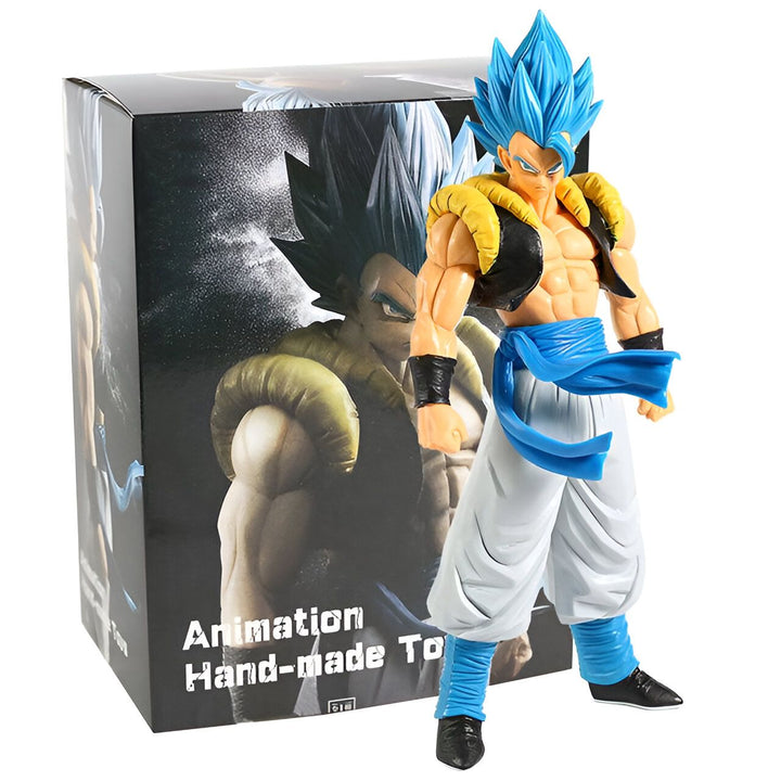 Une figurine de collection de Gogeta, un personnage de la série Dragon Ball Z. Il est représenté avec ses cheveux bleus et jaunes, et porte une veste noire et un pantalon blanc. Il est également livré avec une boîte.,FI-7042713648