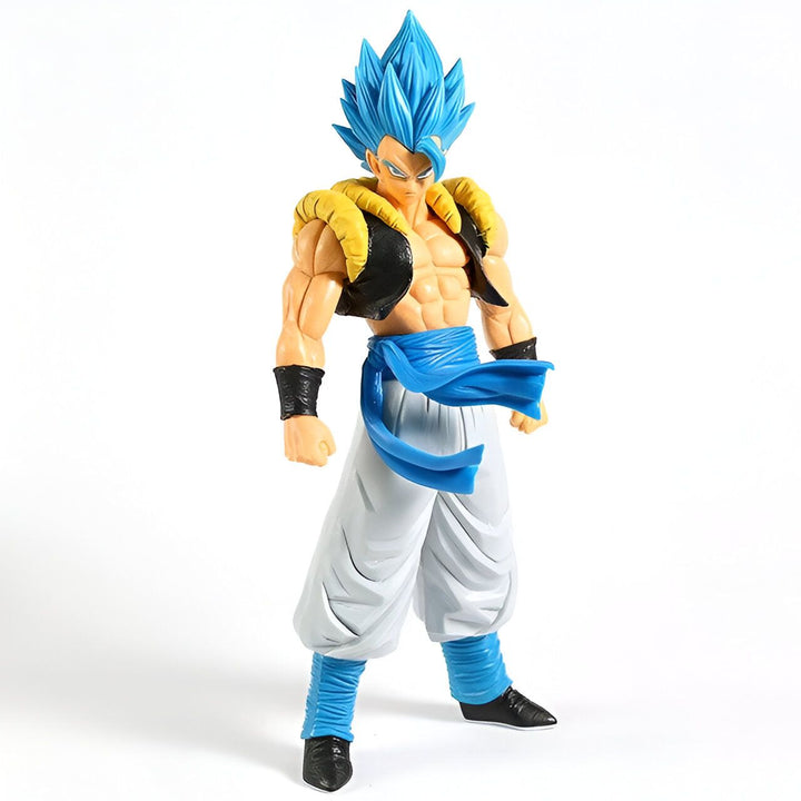 Une figurine de Son Goku, un personnage de Dragon Ball Z. Il est vêtu d'un pantalon blanc, d'une veste noire et d'une ceinture bleue. Il a les cheveux bleus et les yeux bleus. Il est en position de combat.,FI-7042713648