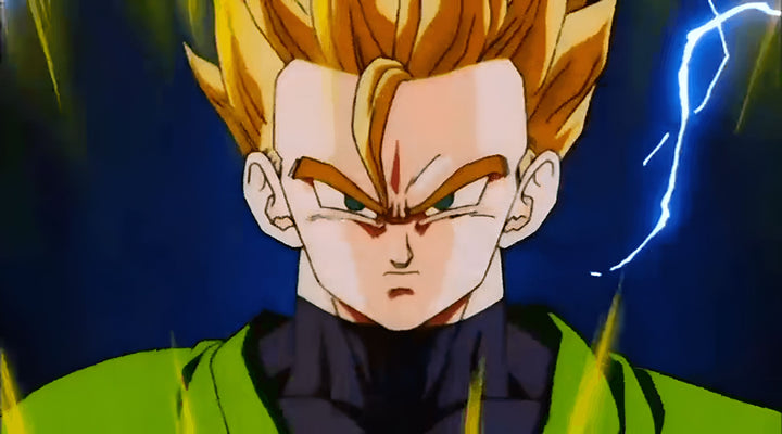 Une image de Son Gohan, un personnage de Dragon Ball Z, avec les cheveux jaunes et les yeux bleus, qui se met en colère.,FI-5855664635