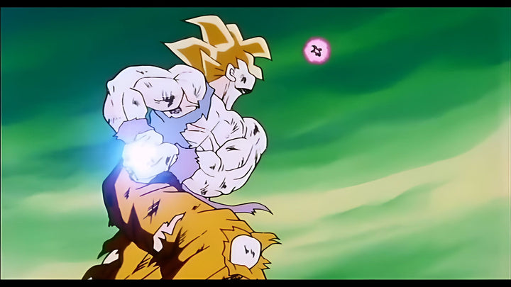 Une image de Son Goku, un personnage de la série animée Dragon Ball Z, en train de charger une attaque énergétique. Il est entouré d'un aura jaune et bleue, et ses cheveux sont dressés vers le haut. En arrière plan, on peut apercevoir une planète.,FI-8241401833
