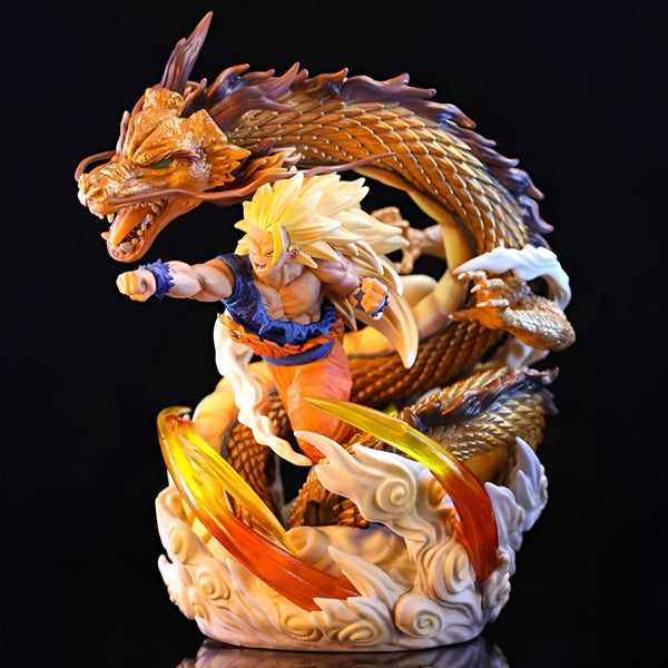 Une figurine de Son Goku, un personnage de Dragon Ball Z, en train de combattre un dragon doré.,FI-2625658126