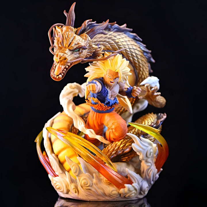 Une image de Son Goku, un personnage de la série animée Dragon Ball Z. Il est représenté en train de combattre un dragon doré.,FI-2625658126