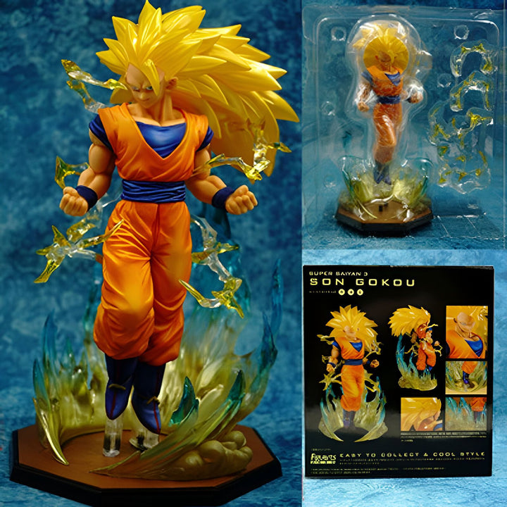 Une figurine de Son Goku, un personnage de la série animée Dragon Ball Z. Il est représenté en train de se transformer en Super Saiyan 3, une transformation qui lui donne des cheveux longs et blonds et une aura dorée. La figurine est posée sur un socle transparent et est entourée d'éclairs jaunes.,FI-2386975401