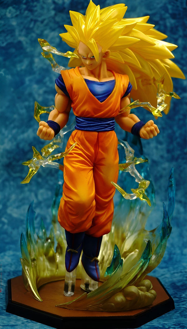 Une figurine de Son Goku, un personnage de la série animée Dragon Ball Z. Il est représenté en train de se téléporter, avec une aura jaune et des éclairs bleus autour de lui.,FI-2386975401