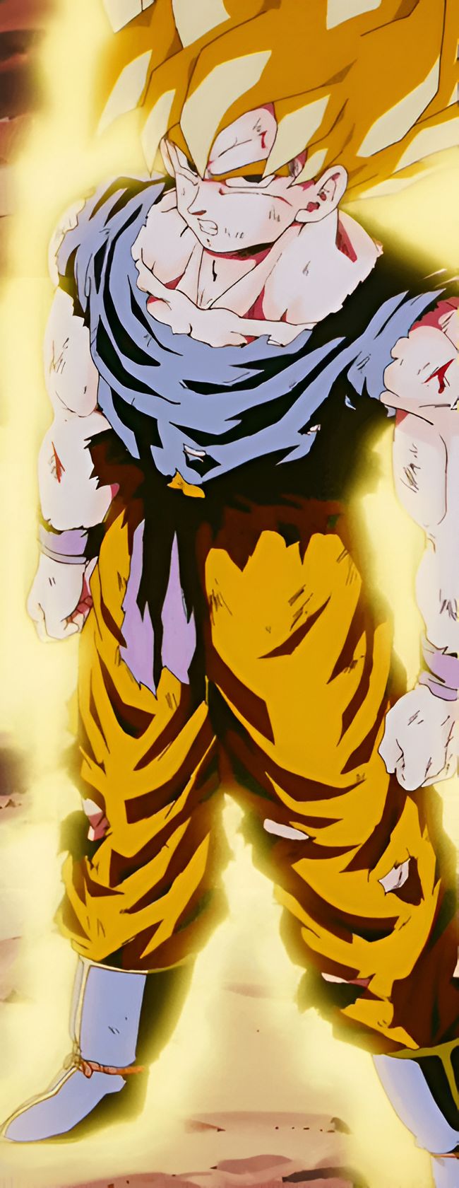 Une image de Son Goku, un personnage de la série animée Dragon Ball Z. Il est représenté en Super Saiyan, une transformation qui lui donne des cheveux jaunes et une aura dorée. Il est vêtu d'un kimono orange et bleu déchiré.,FI-2717913173