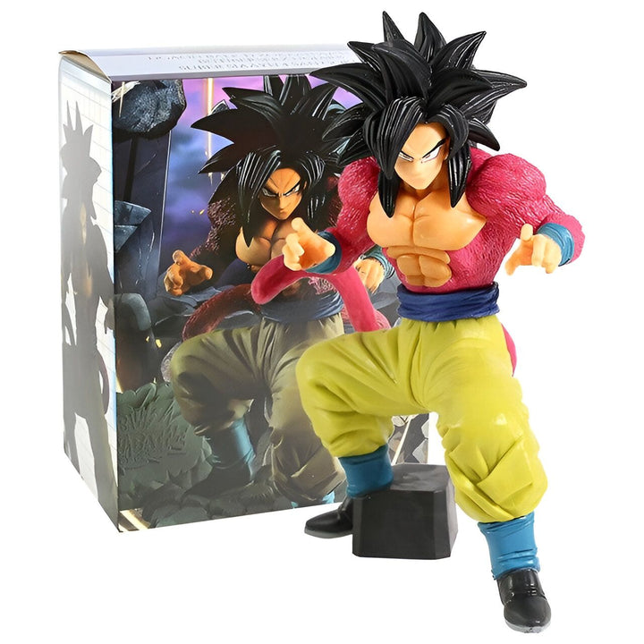 Une figurine de Son Goku, un personnage de Dragon Ball Z. Il est représenté avec les cheveux noirs et rouges, et porte une combinaison jaune et orange. Il est en position de combat, le poing droit en avant et la paume gauche ouverte.,FI-5993988037