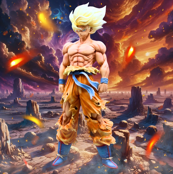 Une image de Son Goku, un personnage de la série animée Dragon Ball Z. Il est représenté debout, avec les cheveux jaunes hérissés, et vêtu d'un pantalon orange déchiré et d'une ceinture bleue. Il se trouve dans un paysage désertique, avec des montagnes en arrière-plan.,FI-4930058376