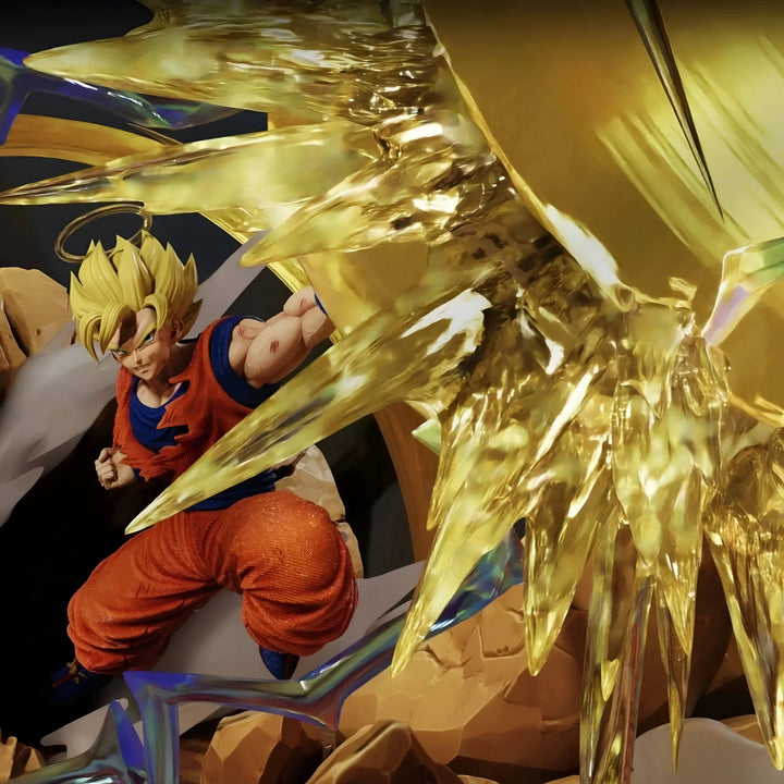 Une image de Son Goku, un personnage de la série Dragon Ball Z. Il est représenté en train de se battre contre un ennemi. Il est entouré d'un halo doré et porte une combinaison orange et bleue.,FI-4816473890