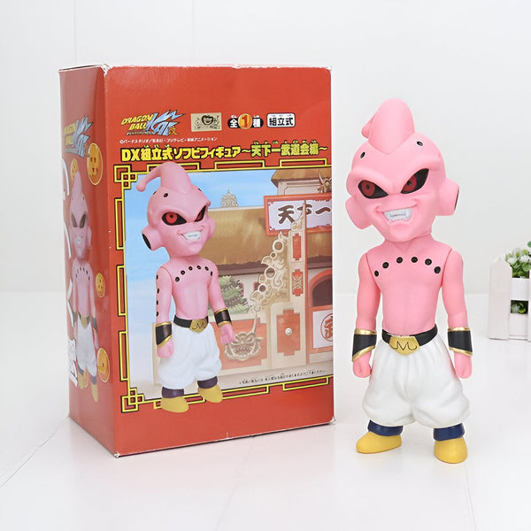 Une figurine de Majin Buu, un personnage de Dragon Ball Z. Il est rose, avec des cheveux blancs et un pantalon blanc. Il est debout dans une boîte, avec un grand sourire sur le visage.,FI-8918194188