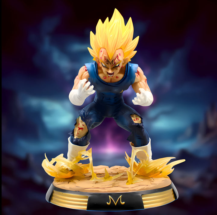 Une figurine de Vegeta, un personnage de Dragon Ball Z. Il est représenté avec les cheveux jaunes, une armure bleue et des bottes jaunes. Il est en position de combat, avec les poings serrés et les yeux écarquillés. La figurine est posée sur un socle doré avec le logo de Dragon Ball Z.,FI-3778162152