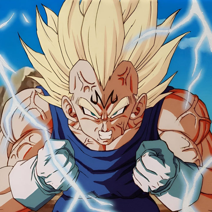 L'image représente un personnage de dessin animé, Vegeta, qui est un Saiyan. Il a les cheveux blonds et les yeux bleus. Il porte une combinaison bleue et jaune. Il est en train de se battre contre un adversaire.,FI-3778162152