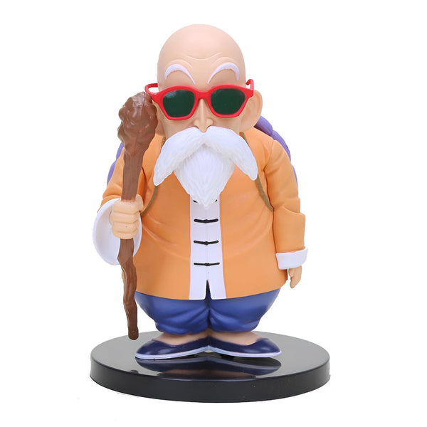 Une figurine de Muten Roshi, un personnage de Dragon Ball Z. Il est représenté avec ses lunettes de soleil rouges, sa longue barbe blanche et son bâton. Il porte une chemise orange et un pantalon bleu.,FI-5293116266