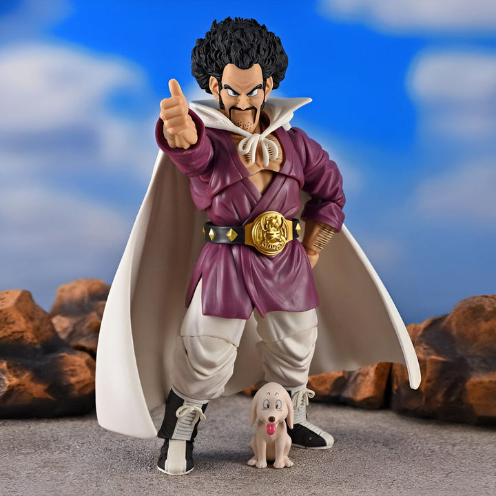 Une figurine de collection de Mr. Satan, un personnage de la série Dragon Ball Z. Il est vêtu d'un costume violet et blanc et porte une cape blanche. Il a les cheveux noirs et bouclés et un petit chien blanc à ses côtés. La figurine est fabriquée en PVC et mesure environ 15 cm de haut.,FI-7783087957