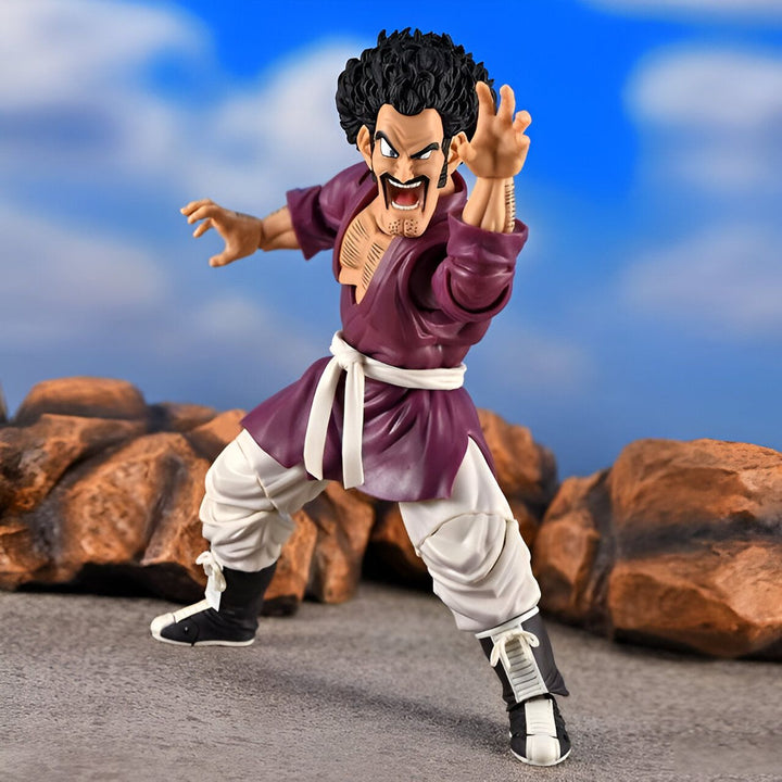 Une figurine de Mr. Satan, un personnage de Dragon Ball Z. Il est vêtu d'un pantalon blanc et d'une chemise violette. Il a les cheveux noirs et porte une moustache. Il est en position de combat.,FI-7783087957