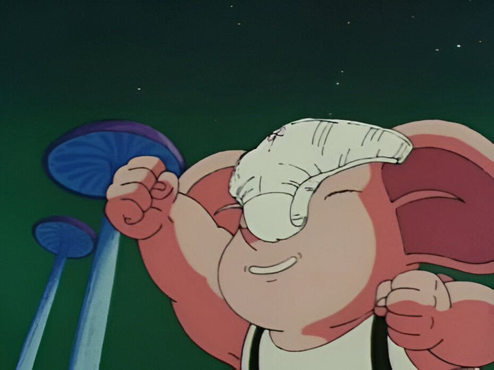 Une image dedessin animé représentant un éléphant rose avec une coquille de noix de coco sur la tête. Il est entouré de champignons et semble heureux.,FI-9862983256