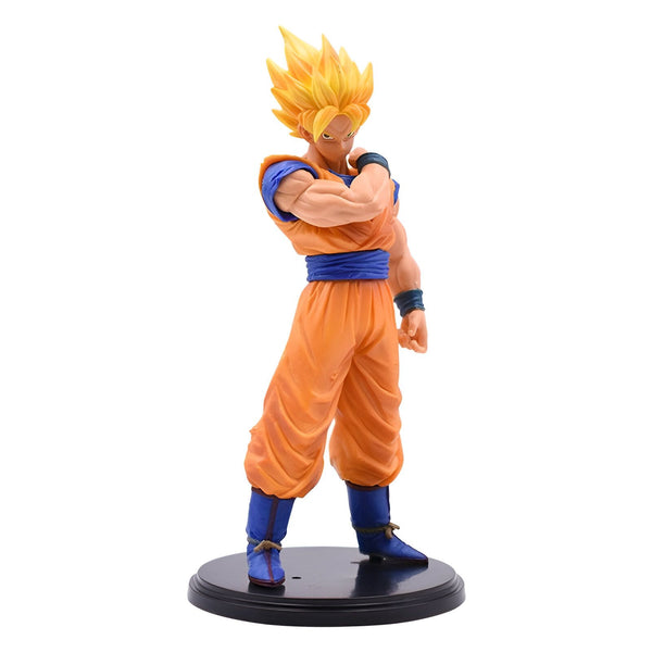 Une figurine de Son Goku, un personnage de la série animée Dragon Ball Z. Il est représenté avec ses cheveux blonds hérissés, sa combinaison orange et bleue et ses bottes jaunes. Il est en position de combat, le poing droit levé.,FI-4465818211